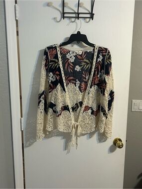 Ember Crochet Trim Floral Cardigan - Navy & Cream tropical vacation boho